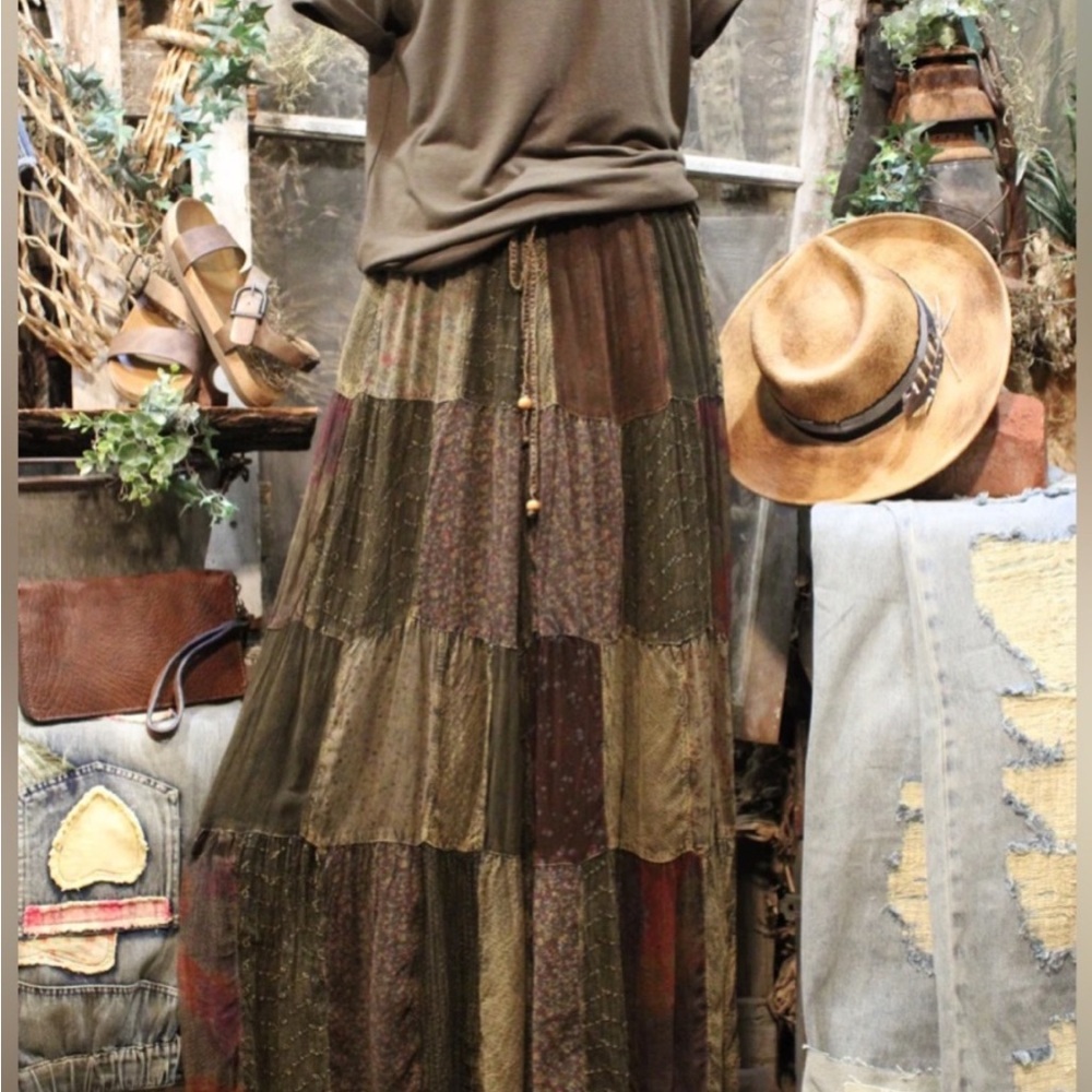 Boho Olive Patchwork Wide-Leg Pants NWT